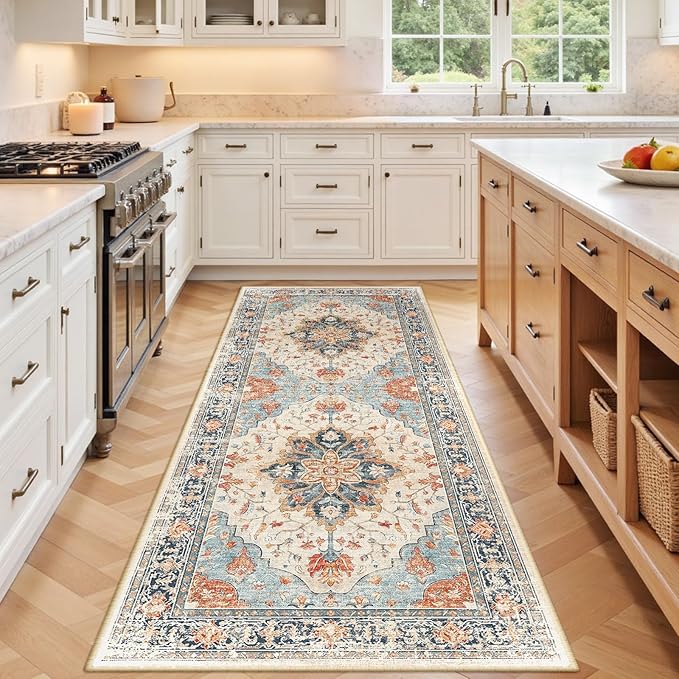 RELEANY Area Rugs 3'x6' Runner Rug Non Slip Washable for Kitchen Hallway Bedroom Beside Laundry Room Bathroom Rug, Floor Carpet, Beige Navy Blue Orange Colorful