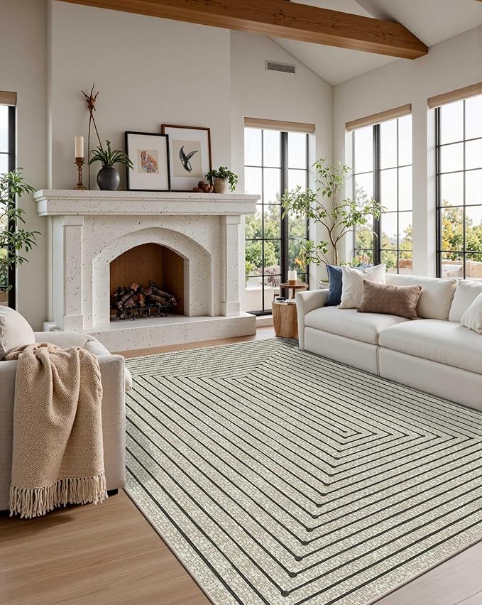 Latte&Fog 5x7 Area Rugs for Living Room Bedroom, Beige Modern Abstract Washable Rug, Boho Non Slip Low Pile Carpet for Indoor Dining Room, Office, Dorm, Classroom, Farmhouse and Kids Room - Beige