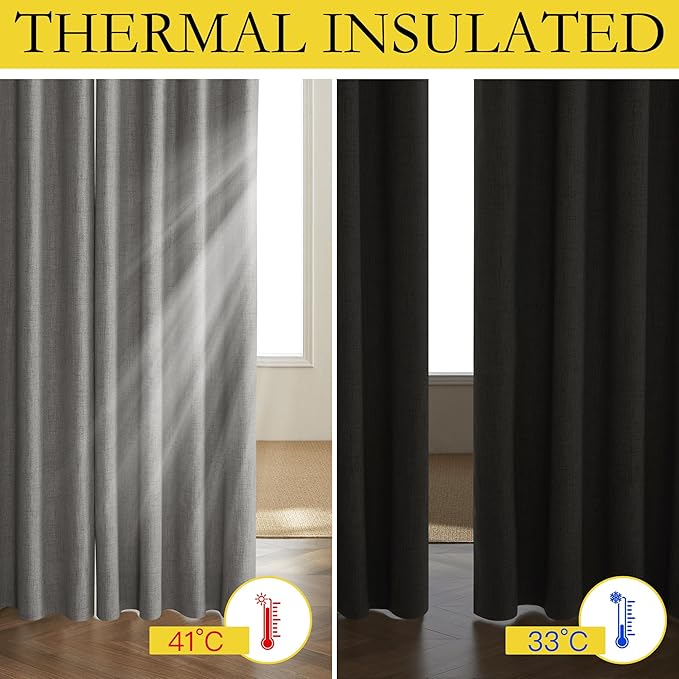 NICETOWN Grizzle Gray Vintage Linen 100% Blackout Curtains for Dining Room, Thermal Insulated Curtains 45" Long, Noise Reducing Window Treatment Drapes for Kitchen, 42" Wide Per Panel, Set of 2