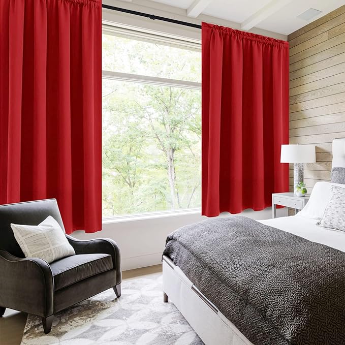 DWCN Christmas Blackout Curtains Room Darkening Thermal Insulated Bedroom Curtains Window Curtain Panels, 52 x 54 inches Long, Set of 2 Red Rod Pocket Drapes