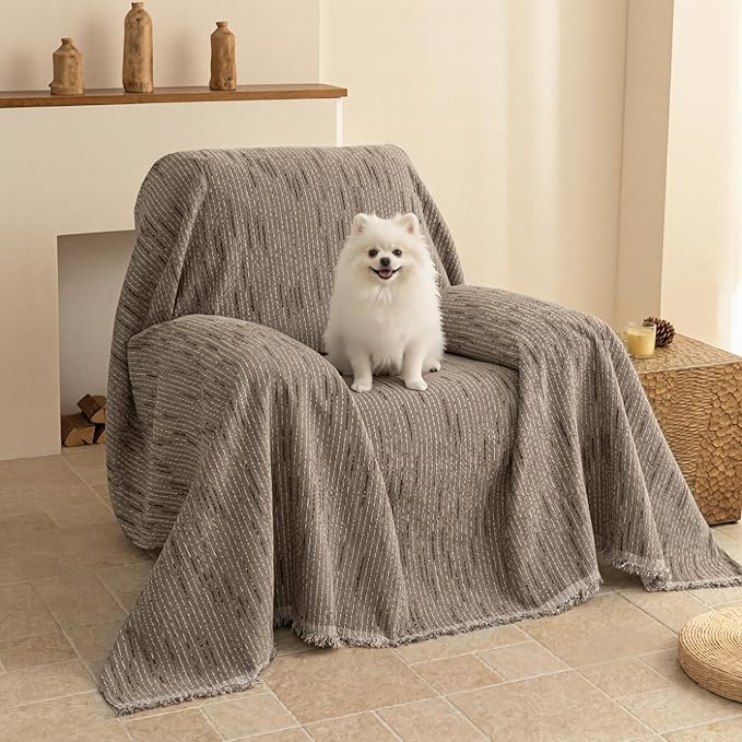 MYSKY HOME Oversized Armchair Couch Cover for 1 Cushion Couch, Washable Sofa Protector, Chair Couch Covers Sofa Covers Sofa Throws Sofa Slipcovers Futon Cover for Pet, Kid, 71"X91", Sand