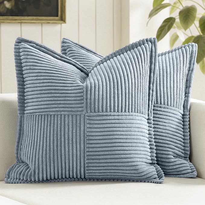 MIULEE Decorative Throw Pillow Covers for Couch Bed Livingroom 16x16 Inch Set of 2 Dustyblue Boho Accent Throw Pllows Broadside Striped Patchwork Soft Corduroy Pillowcases