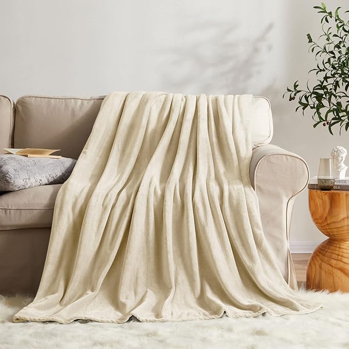 KMUSET Super Soft Throw Blanket Premium Silky Flannel Fleece Twin Size Beige Microfiber Lightweight Blanket All Season Use