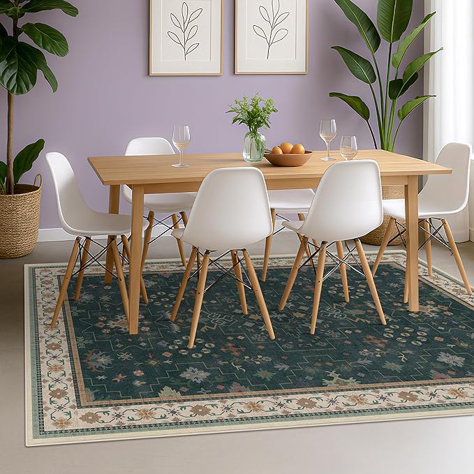 Hazo Haus Vintage Dark Green 6x8 Dining Room Rugs for Under Kitchen Table - Washable Livinig Room Rug - Unique Floral Pastel Low Pile Non-Slip Area Rugs for Bedroom