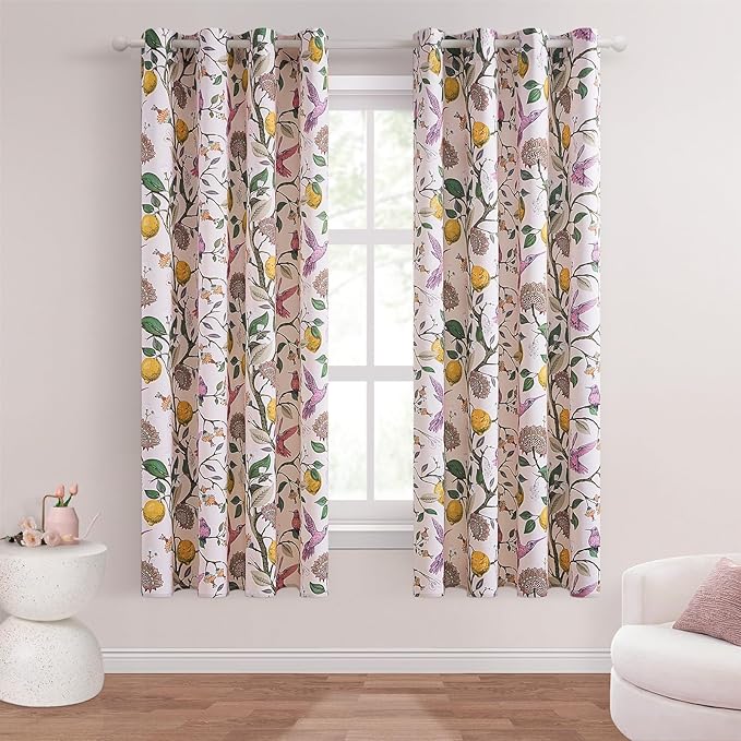 Topfinel Pink Blackout Window Curtains 72 Inch Length 2 Panels for Girls Bedroom, Spring Light Pink Cute Fancy Cottage Core Princess Floral Hummingbird Patterned Grommet Blush Pink Curtains Nursery