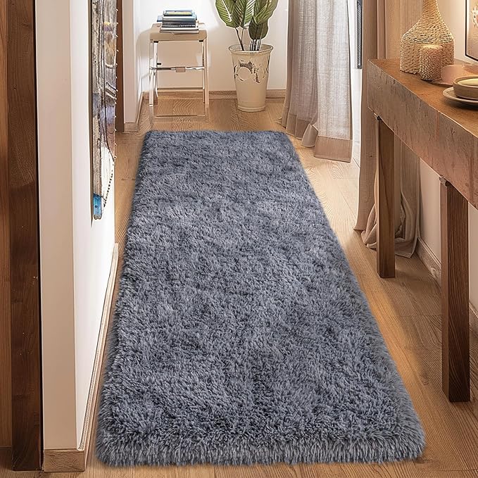 Ultra Soft Runner Rugs for Bedroom Hallways with Upgraded Non-Slip Rubber Backing & Thick Memory Sponge, 2 Packs 2x6 Feet Fluffy Shag Throw Area Rug for Bedside Dorm Dark Grey