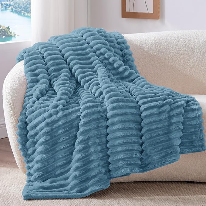 BEDELITE Fleece Throw Blanket for Couch - 300GSM Soft & Warm Fluffy Light Blue Blanket, Decorative and Giftable Striped Blankets for Women, Men, 50"x70"