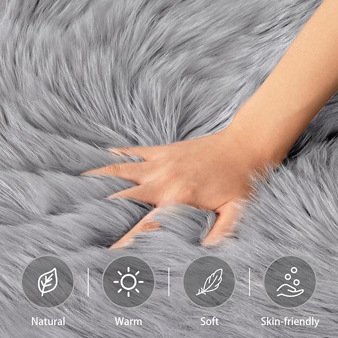 Ciicool Round Fur Fluffy Area Rug for Bedroom, Grey Faux Fur Rugs Furry Circle for Kids Room, Cute Furry Nursery Carpet, Plush Shag Circular Rugs Floor Carpets 3x3 Ft