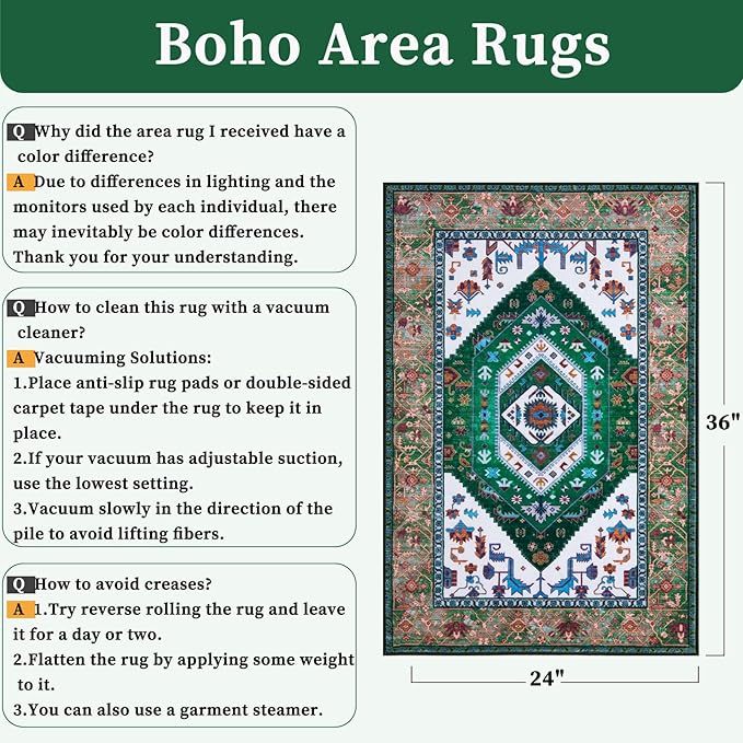 SERISSA Boho Rugs for Entryway, 2x3 Washable Non-Slip Entryway Rug Small Area Rug, Ultra Soft Oriental Vintage Green White Low-Pile Indoor Door Mat Floor Carpet for Entrance Bedroom Kitchen Bathroom