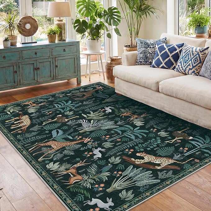 OPPODREAM Animal Soft Area Rugs 5x7, Washable Black Rug with Non Slip Backing, 5 x 7 Faux Cashmere Low-Pile 5x7 Carpet