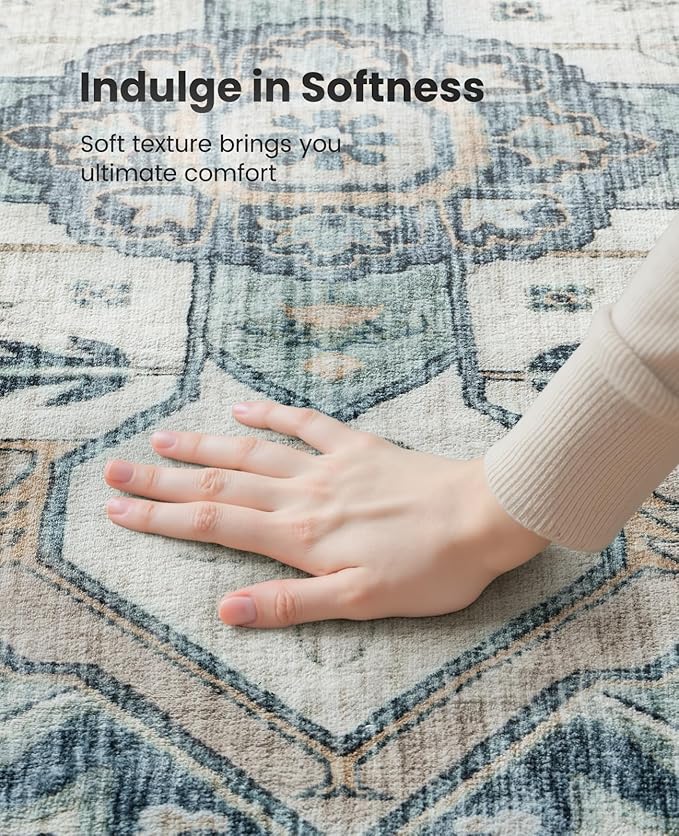 AMADA HOMEFURNISHING 9x12 Washable Area Rug, Low-Profile Large Area Rug with Non-Slip Backing & Durable Edge Binding, Vintage Large Rugs for Living Room, Bedroom & Dining Room