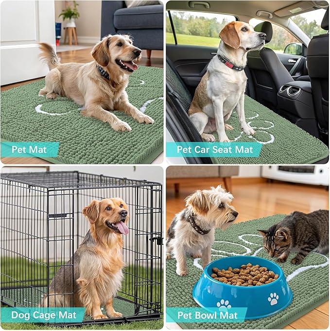 OLANLY Dog Door Mat for Muddy Paws 24x16, Paw Print Design, Absorbs Moisture and Dirt, Non-Slip Washable Doormat, Quick Dry Chenille Mud Mat, Entry Indoor Entryway Carpet, Olive Green and White