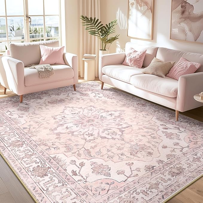 Area Rugs 8'x10' Washable Non-Slip, Floral Vintage Distress Print Pattern Medallion Carpet for Living Room Bedroom Dining Room, Pink Greypink Cute