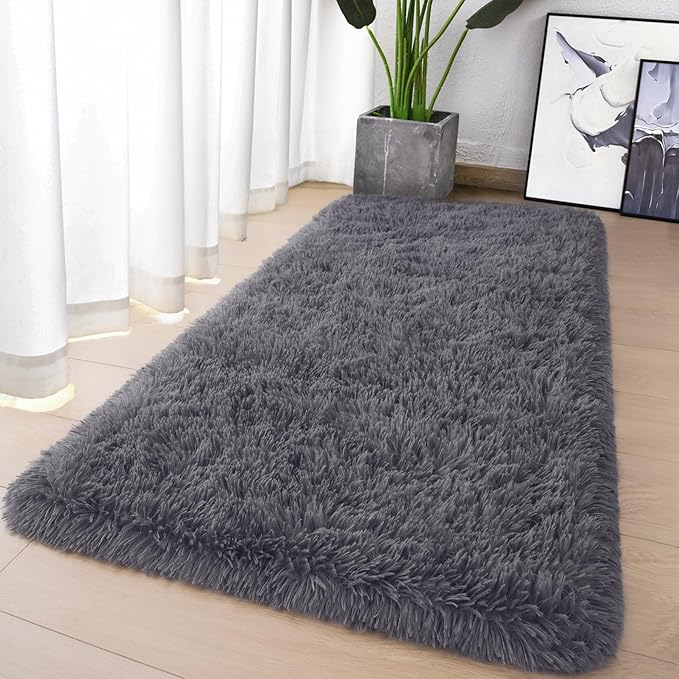 Chicrug Soft Runner Rugs for Bedroom Living Room Plush Fluffy Rug 2x4 Feet, Shag Furry Area Rug Carpet Non Shedding for Nursery Children Kids Girls Room Home Decorative, Coal Grey