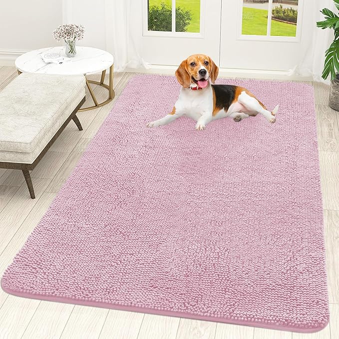 OLANLY Dog Door Mat for Muddy Paws 59x35, Absorbs Moisture and Dirt, Absorbent Non-Slip Washable Doormat, Quick Dry Chenille Mud Mat for Dogs, Entry Indoor Entryway Carpet for Inside Floor, Dusty Rose