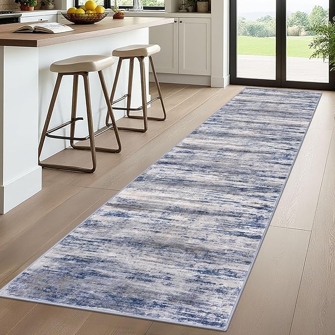 KOZYFLY Modern Abstract Washable Rug Runner 2.6x10 Hallway Rug Runner Non-Slip Soft Kitchen Runner Rugs, Grey-Blue Striped Carpet for Entryway Bathroom Laundry Room Foyer