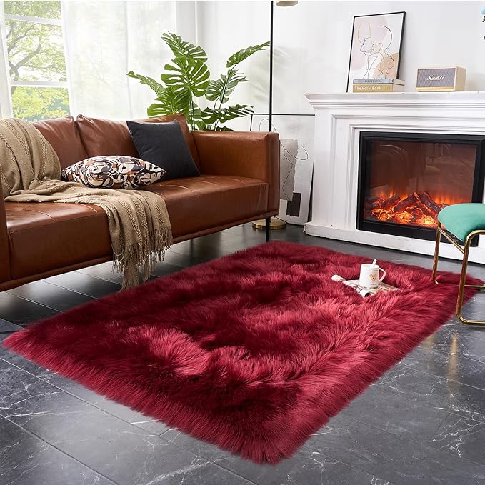 EasyJoy Ultra Soft Fluffy Shaggy Area Rug Faux Fur Rug Chair Cover Seat Pad Fuzzy Area Rug for Bedroom Floor Sofa Living Room (4 x 6 ft Rectangle, Burgundy)