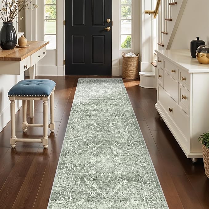 Washable 3x12 Runner Rug - Non-Slip Vintage Runner Rug for Entryway Low-Pile Medallion Long Rugs for Hallway Waterproof Traditional Runner Rugs Indoor Thin Rug for Kitchen (Muted Sage Green)