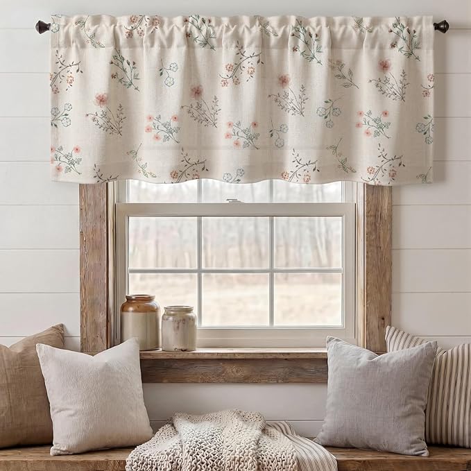 Kitchen Valances for Windows, Country Farmhouse Cottage Rustic Vintage Floral Linen Light Filtering Bedroom Living Room Patterned Printed Western Rod Pocket(1 Panel,52 x 18 Inch)