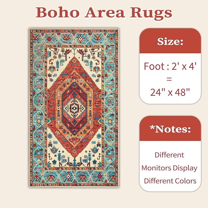 SERISSA 2x4 Boho Rugs for Entryway, Washable Non-Slip Kitchen Runner Rug, Ultra Soft Small Area Rug Vintage Orange Low-Pile Door Mat Indoor Entrance Carpet for Bedroom Hallway Laundry Room Bathroom