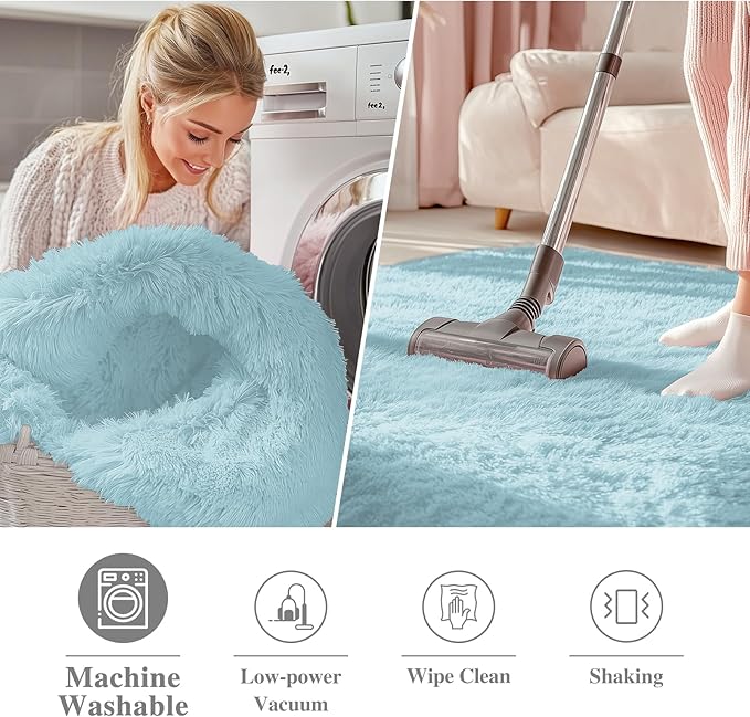 OLANLY Light Blue Round Rugs for Bedroom - Machine Washable, 3 ft Circle Area Rugs for Living Room, Soft and Fluffy Shaggy Carpet for Teen Girl and Boys, Nursery Rooms, Dorms, Home Decor Aesthetic