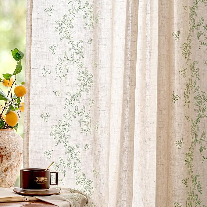 jinchan Evelyn Embroidered Linen Curtains for Living Room Elegant Farmhouse Semi Sheer Light Filtering Curtains 84 inches Long Cottage Sage Green Floral Window Drapes Rod Pocket Back Tab 2 Panels