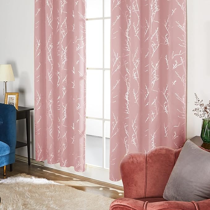Deconovo Pink Curtains, Blackout Drapes, Thermal Insulated Soundproof Privacy Curtain, Silver Tree Print, 52 x 63 Inch, Machine Washable Window Panels for Girls Bedroom Living Room Nursery, Set of 2