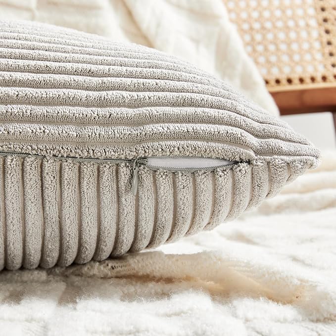 Fancy Homi 2 Packs Neutral Grey Lumbar Decorative Throw Pillow Covers 16x32 Inch for Living Room Couch Bed Sofa, Farmhouse Home Decor, Soft Striped Corduroy Rectangle Accent Cushion Case 40x80 cm