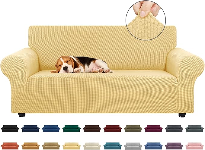 KEKUOU Stretch Loveseat Sofa Cover Slipcover,Couch Covers for 2 Cushion Couch Sofa (55"-78") Furniture Protector Sofa with Elastic Bottom for Kids,Dog. Jacquard Small Checked(Medium,Champagne)