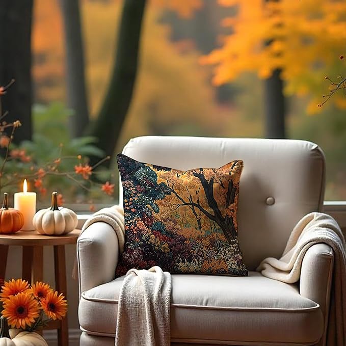 Rustic William Morris Inspired Autumn Forest Decor Throw Pillow Covers 18x18,Fall Home Room Decor, Vintage Botanical Nature Decorative Throw Pillow Covers for Home Bedroom Living Room