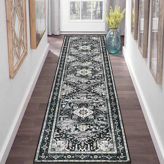 Yamaziot Washable Runner Rug, 2x8 Non-Slip Boho Vintage Hallway Rug Runner with Rubber Backing, Stain Resistant & Low Pile Distressed Carpet Runner for Bedroom, Kitchen, Laundry, Entrance, Black