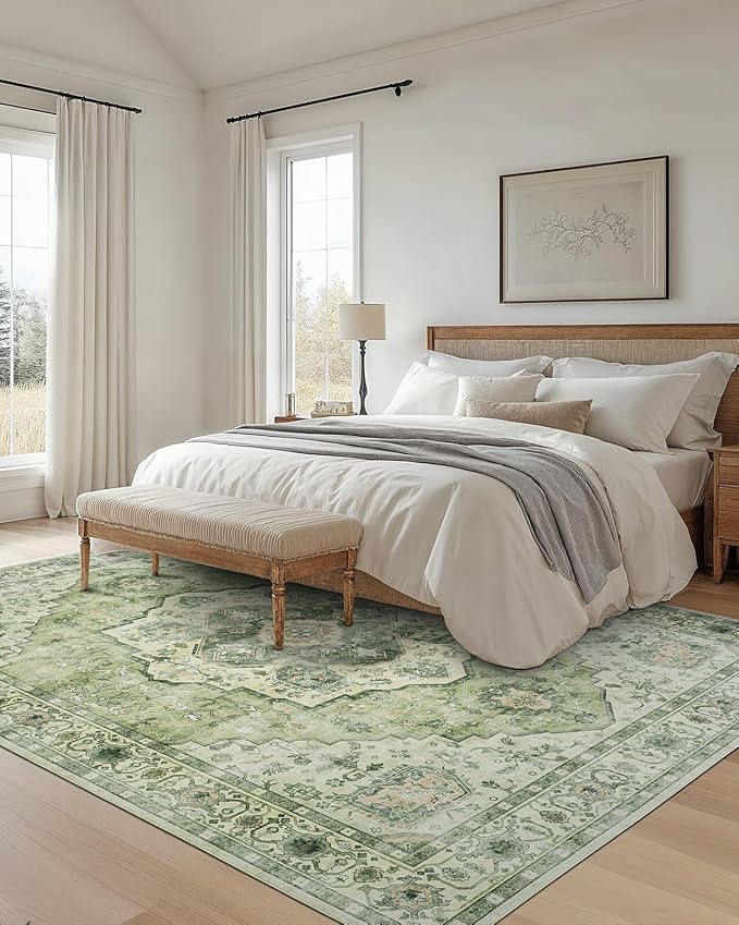 AMADA HOMEFURNISHING 8x10 Area Rug, Washable Low-Profile Large Area Rug with Non-Slip Backing & Durable Edge Binding, Vintage Large Rugs for Living Room, Bedroom