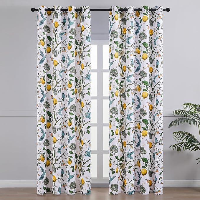 Topfinel 102 Inches Long White Luxury Curtains for Living Room Bedroom, Blackout Vintage Art Deco Victorian Curtains Floral Lemon Hummingbird Printed Grommet Drape 102 Inch Length