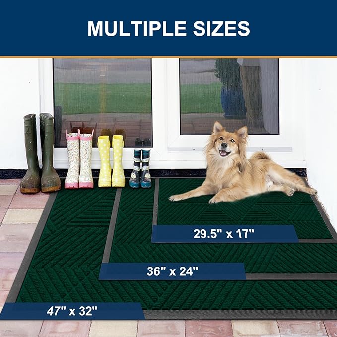 Smiry Front Door Mat Outside Entrance, Heavy Duty Sturdy Natural Rubber Doormat, Trap Dirt and Moisture, Easy Clean Low Profile Mats for Indoor Outdoor Entry, Irregular Triangle (29.5x17, Deep Green)
