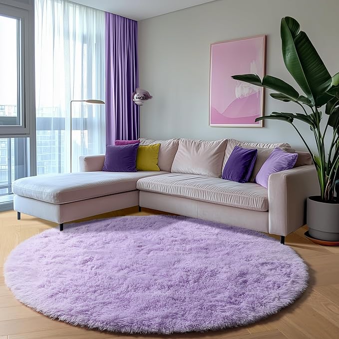 ONASAR Light Purple Round Area Rug 4ft, Soft Bedroom Circle Rugs Floor Mats for Kids Girls Teen Room, Cute Fluffy Plush Shaggy Carpet for Baby Nursery Living Room Playroom Dorm Home Decor
