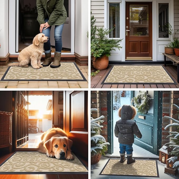 Smiry Welcome Door Mat Outside Entrance, Heavy Duty Trap Dirt and Moisture Easy Clean Low Profile Patio Porch Indoor Outdoor Front Doormat for Entry, 35x23 Inch, Beige