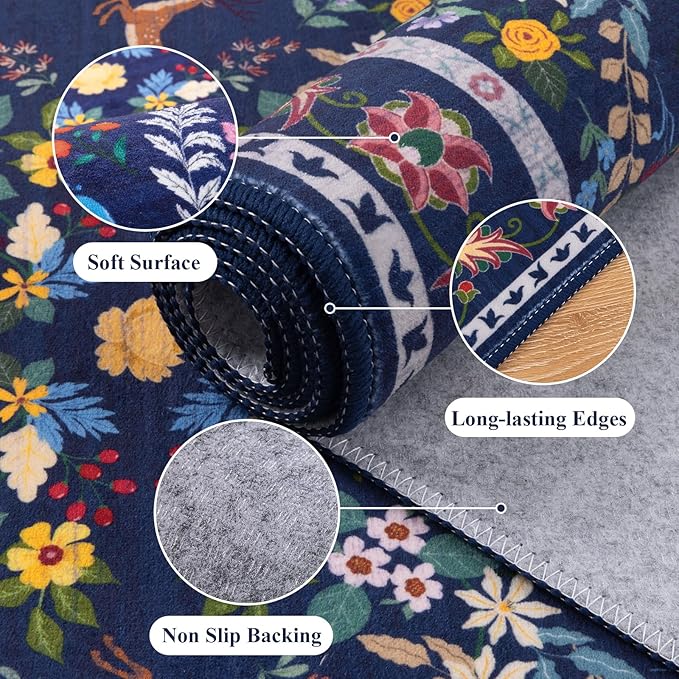 HEBE Washable Hallway Runner Rug 2'x 8' Non Slip Kitchen Rugs Runner,Low Pile Entryway Rug Laundry Room Mat Floral Carpet Runners for Hallways, Kitchen,Bathroom,Laundry,Bedside Rug