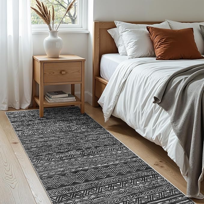 Ksrau 2x5 Hallway Runner Rug - Moroccan Non Slip Long Rug for Entryway Soft Low-Pile Washable Neutral Rugs for Kitchen Small Waterproof Indoor Floor Carpet for Bedroom Bathroom Laundry 2x5 Black