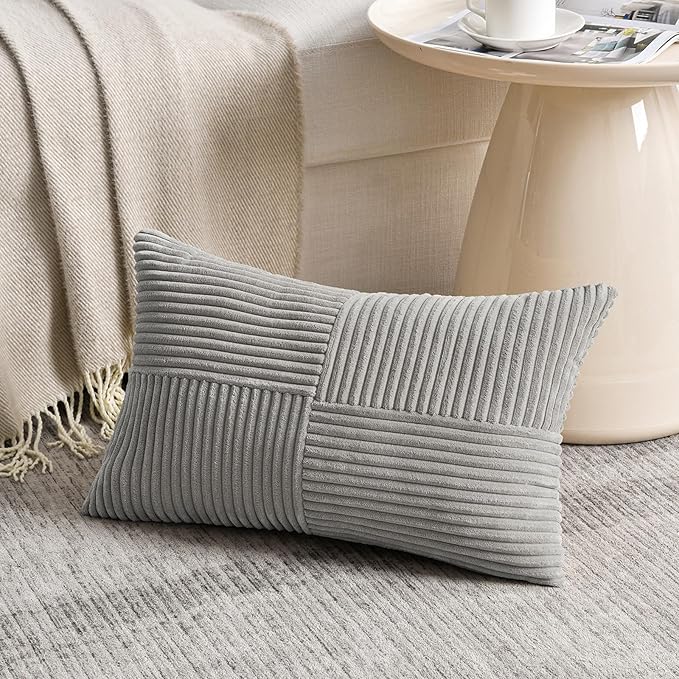 Fancy Homi 2 Packs Grey Lumbar Decorative Throw Pillow Covers 16x32 Inch for Living Room Couch Bed Sofa, Rustic Farmhouse Boho Home Decor, Soft Striped Corduroy Rectangle Accent Cushion Case 40x80 cm