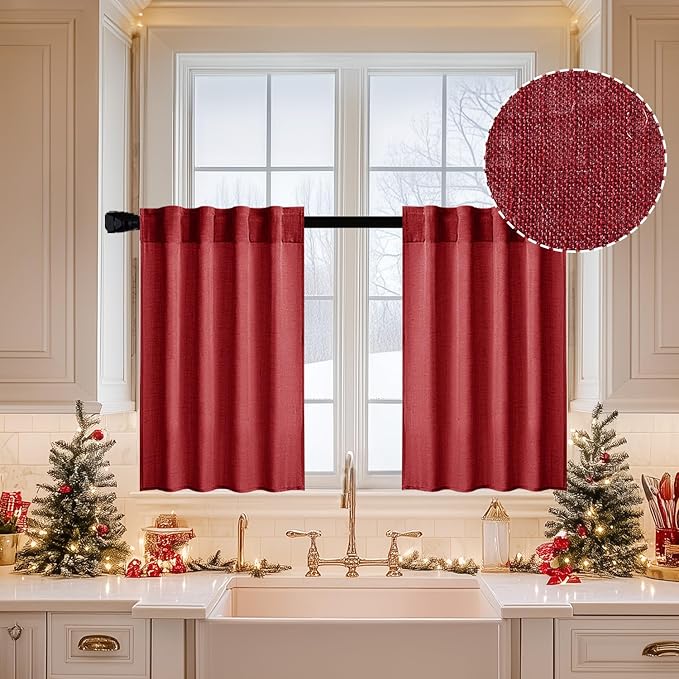 MIULEE Burgundy Red Kitchen Curtains 24 Inch Length 2 Panels, Soft Thick Linen Textured Semi Sheer Light Filtering Short Cafe Tier Curtains for Small Half Window Back Tab Rod Pocket Christmas Decor