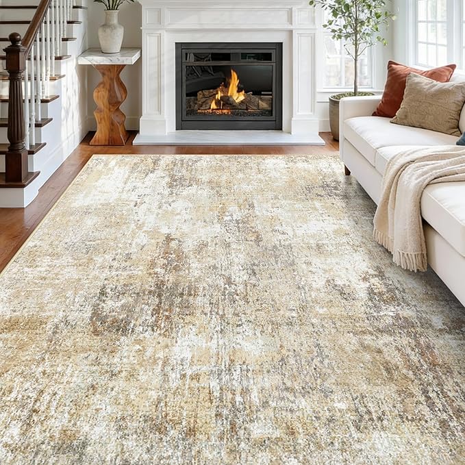 Washable Area Rugs 8'x10' Non-Slip Modern Abstract Soft for Living Room Entryway Bedroom Nursery, Print Pattern, Neutral Brown Gray