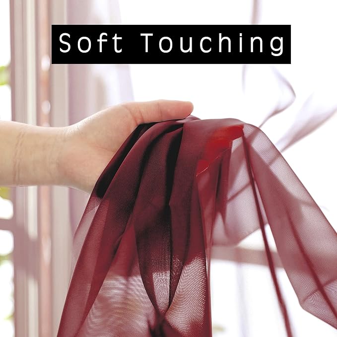 OWENIE Sheer Curtains, Sheer Curtains 63 inch Length 2 Panels Set, Rod Pocket Voile Fimly Sheer Drapes for Living Room/Bedroom, 2pcs, Each 42" W x 63" L, Burgundy