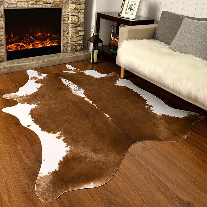 AROGAN Faux Cow Print Rug Large (6ft x 7ft) - Cow Print Area Rug with No-Slip Backing, Large Animal Skin Rugs for Living Room, Offfice, Room Decor, Brown
