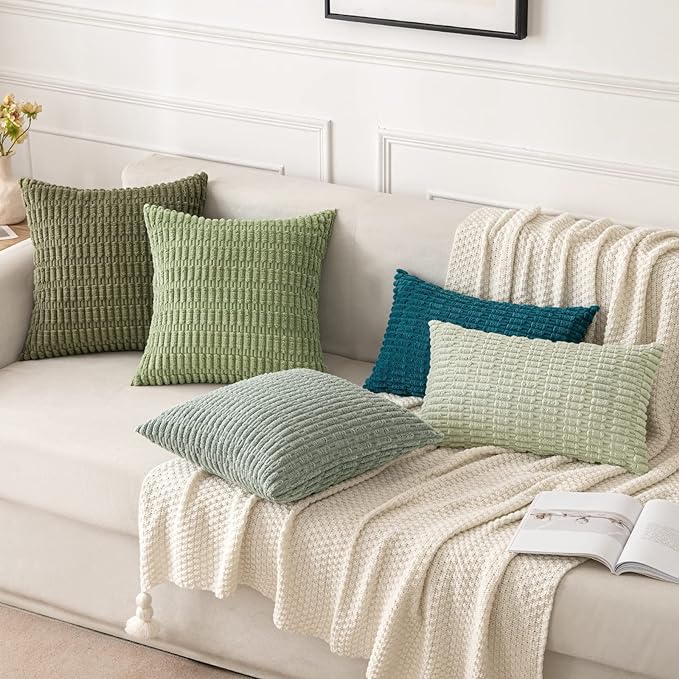 MIULEE Pack of 2 Spring Corduroy Decorative Throw Pillow Covers 12x12 Inch Soft Boho Striped Pillow Covers Modern Farmhouse Home Decor for Summer Sofa Living Room Couch Bed Sage Green
