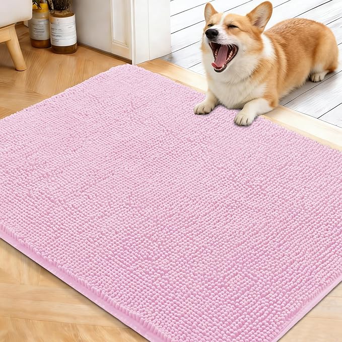 OLANLY Dog Door Mat for Muddy Paws 40x32, Absorbs Moisture and Dirt, Absorbent Non-Slip Washable Doormat, Quick Dry Chenille Mud Mat for Dogs, Entry Indoor Entryway Carpet for Inside Floor, Pink