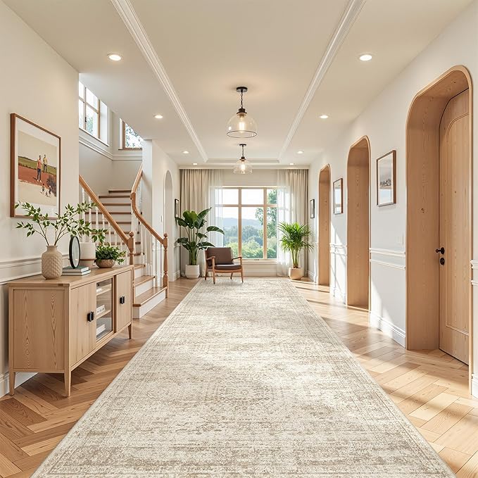 4x10 Runner Rug, Washable Hallway Runner Rug with Non-Slip Backing, Low Pile Wide Runner for Living Room, Entryway, Kitchen, Soft Modern Home Decor Mat for Dining Room(4'x10', Beige/Ivory)