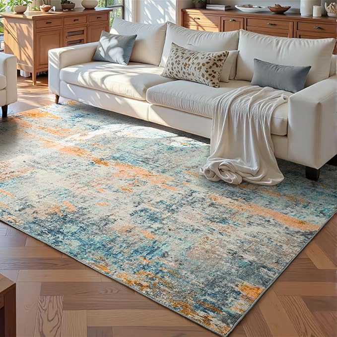Ompaa Living Room Rug 5x7 Blue Area Rug Machine Washable Boho Rug Non Slip Abstract Vintage Indoor Large Rugs for Bedroom, Classroom, College Dorm, Farmhouse, Dining Room, Kids Playroom