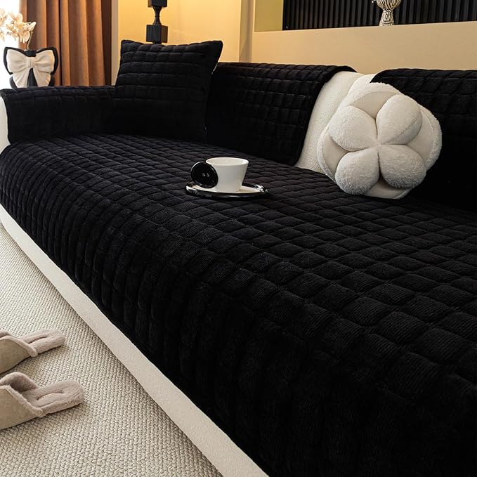Velvet Couch Cover, Plush Sectional Sofa Cover Washable, Anti Slip Sofa Slipcover for 2-3 Cushion Sofas, Furniture Protector Covers for Pets & Kids(1PC, Black, 35.4"×63", Loveseat)