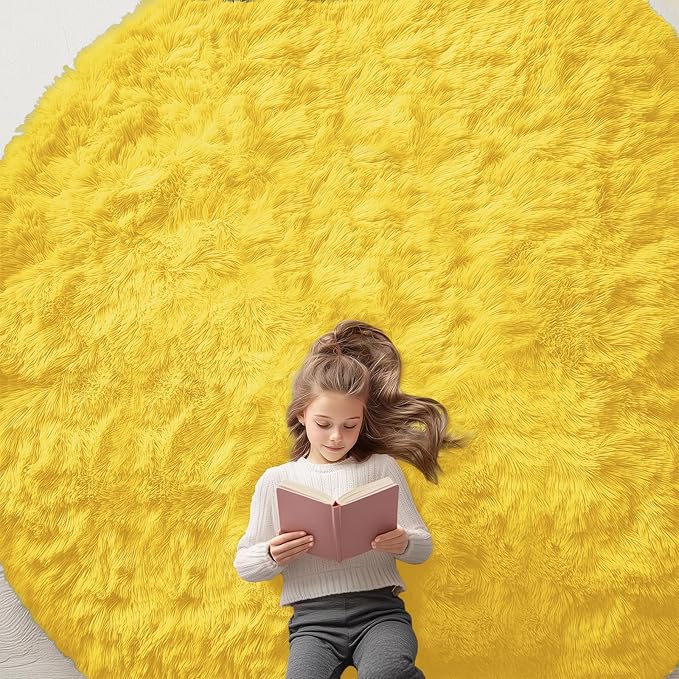 OLANLY Yellow Round Rugs for Bedroom - Machine Washable, 9 ft Circle Area Rugs for Living Room, Soft and Fluffy Shaggy Carpet for Teen Girl and Boys, Nursery Rooms, Dorms, Home Decor Aesthetic