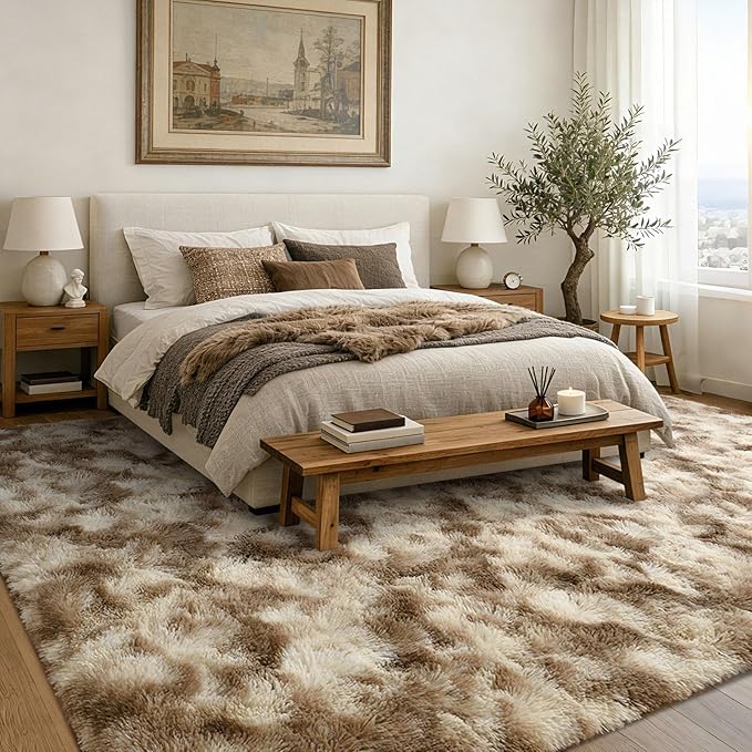 6x9 Ft Large Shag Rugs for Living Room Decor, Tie-Dyed Ultra Soft Fluffy Furry Area Rugs for Bedroom Indoor Floor, Aesthetic Carpet for Kids Home (Khaki)